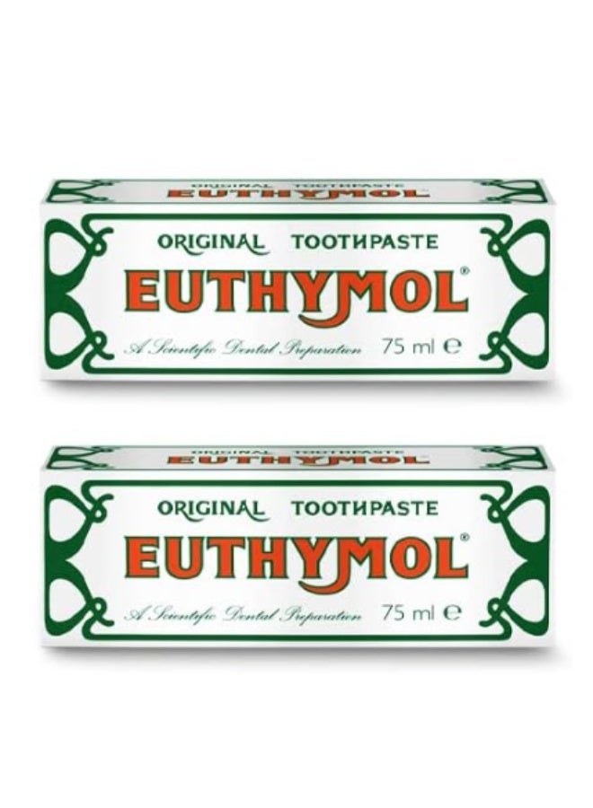 Euthymol Original Toothpaste 75 ml x 2, Fluoride Free, Anti-Plaque, Antibacterial, Cavity Protection, Clean and Healthy Teeth and Gums, Fresh Mint, Daily Oral Enamel Dental Care - Image 1